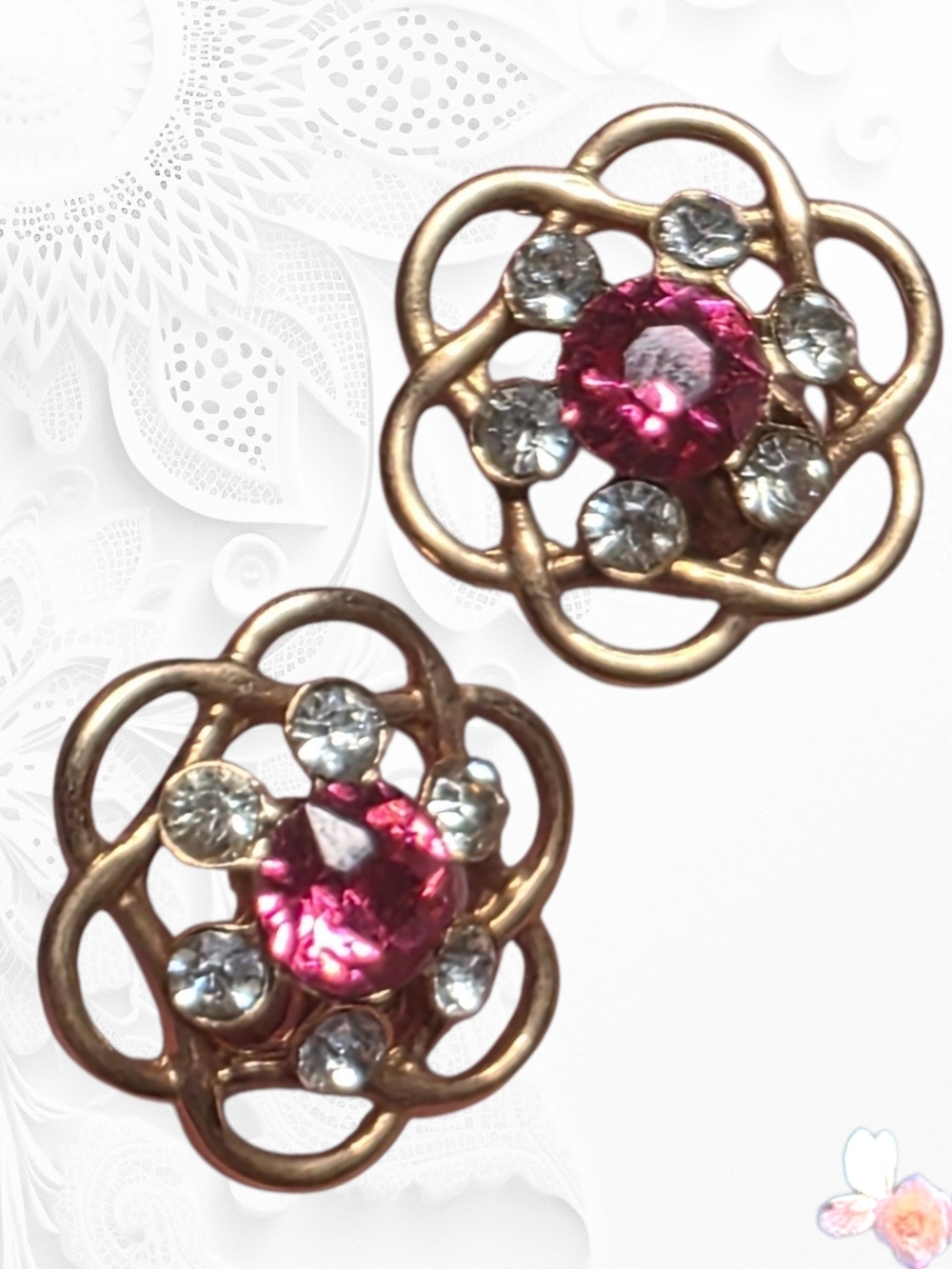 Sparkling Pink Crystal Floral Clip On Earrings Signed Jeray Gold Tone Vintage